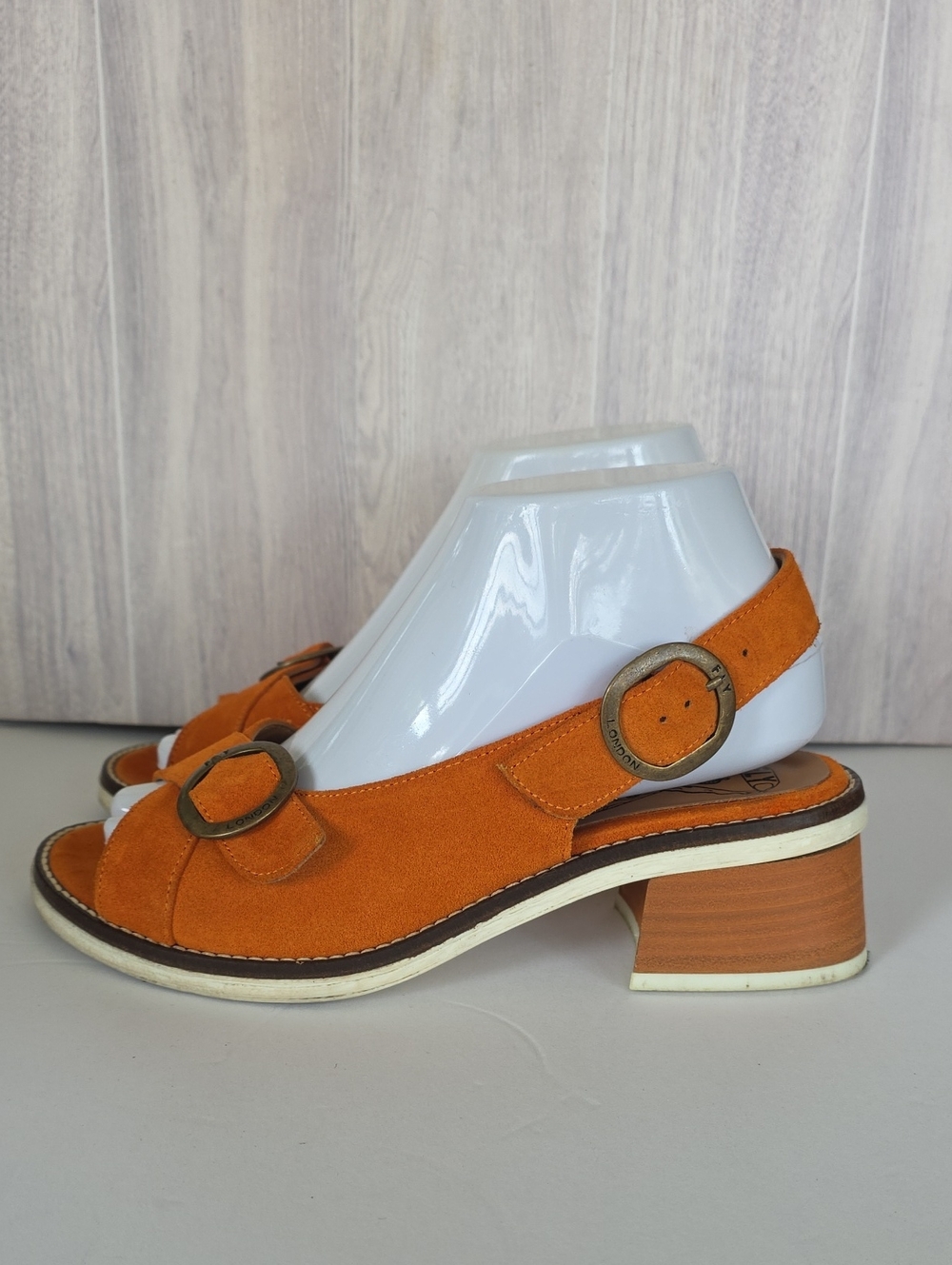 FLY London Burnt Orange Suede Mule Sandals Chunky Heel Buckle Straps Sz 38/7.5US